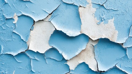 Obraz premium Detailed shot of a blue wall with peeling paint and natural cracks, revealing a worn concrete texture in shades of blue and white.