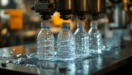 Automated filling process of plastic water bottles in a production line