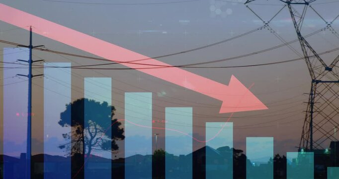 Power lines with declining graph animation indicating decrease in energy consumption