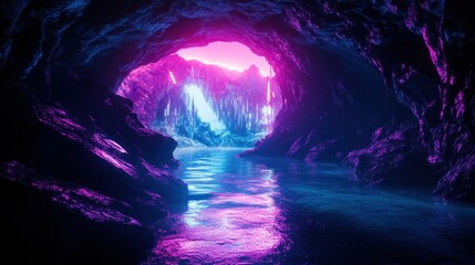 Fototapeta premium A neon illuminated cave with a shimmering reflective lake inside