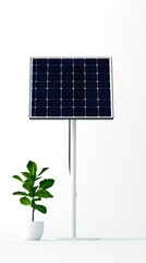 A solar panel stands tall beside a green plant in a modern, minimalistic setting, highlighting sustainable energy and nature's harmony.