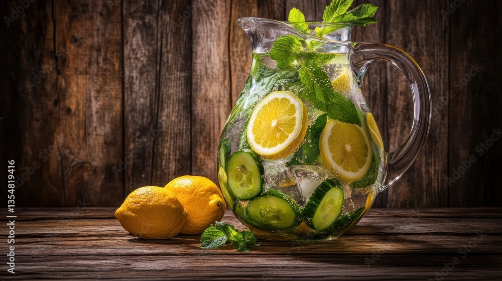 Poster refreshing chilled water with sliced lemons cucumbers and fresh mint