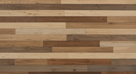 A beautiful wooden floor featuring an array of planks in various shades of brown, cream, and beige. The natural grain patterns add warmth and texture, perfect for home interiors or design projects.