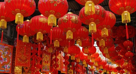 Fototapeta premium Vibrant red lanterns with gold designs hang festively, creating a celebratory atmosphere. Cultural decorations enhance the spirit, showcasing beautiful traditions.