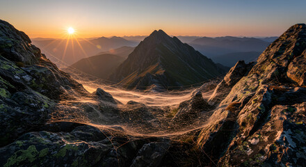 Obraz premium Sunrise Over Mountain Peak with Spiderweb Between Rocky Outcrops Landscape
