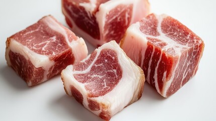 Fototapeta premium Freshly cut raw bacon pieces arranged naturally, highlighting marbling details and fat distribution, on a white background. No people.