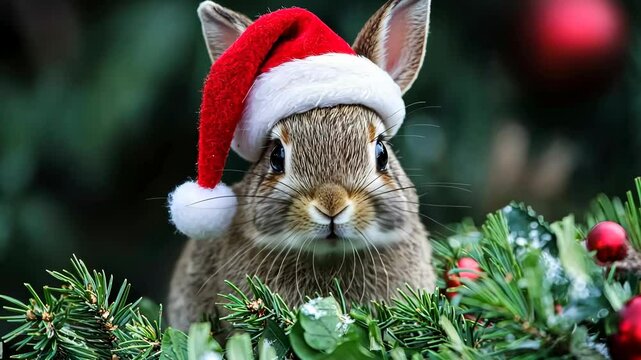 A cute rabbit wearing a Santa hat sits playfully among festive greenery, capturing the spirit of the holidays with its charming and adorable appearance.