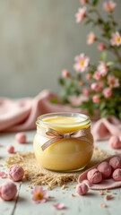 A small jar filled with yellow-orange liquid, possibly beef tallow, set on a wooden surface surrounded by scattered pink petals and crumbled bits of material.