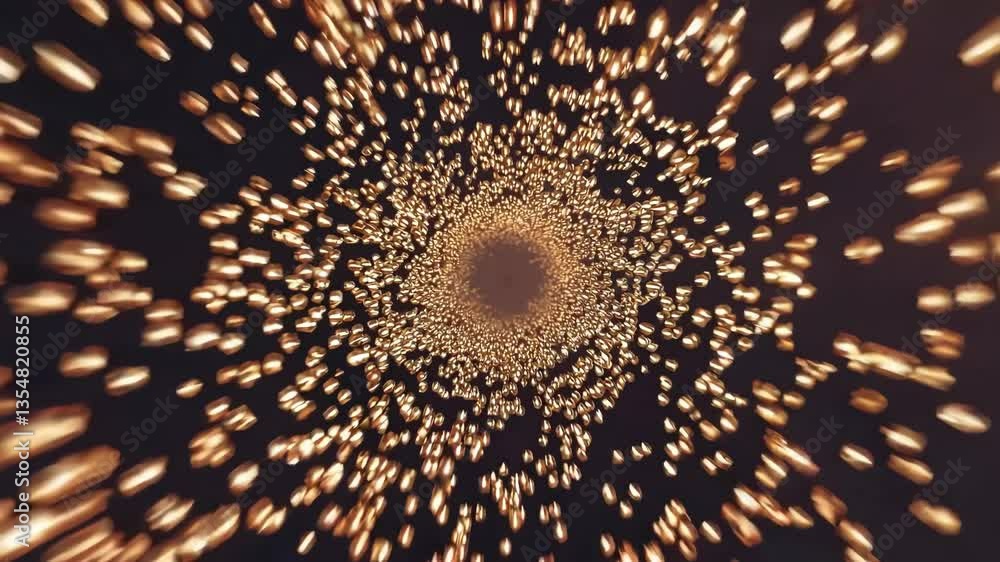 Poster abstract video of golden particles swirling in a vortex from a top-down angle, creating a dynamic, m
