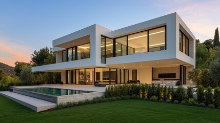 Luxury home and mansion premium, A modern, minimalist house with large windows, a pool, and a landscaped yard, set against a serene evening sky.