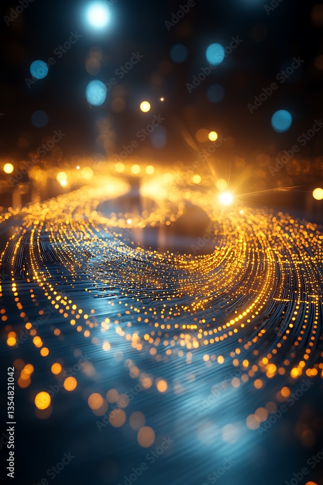 Poster elegant data stream visualization with glowing particles on a dark blue base