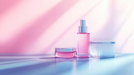 Elegant and Modern Cosmetic Products in Soft Pastel Colors with Subtle Shadows Highlighting the Beauty and Freshness of Skin Care Essentials for Spa or Home Use