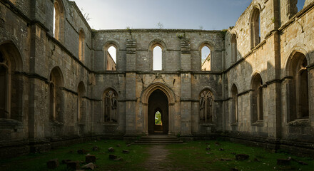 Exploring Stone Ruins of Ancient Building with Open Windows and Grass