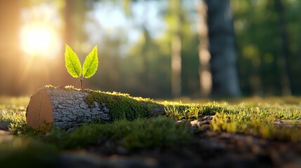 Young Seedling Sprouts on a Mossy Log in the Forest with Soft Sunlight and Green Leaves