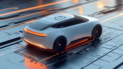 Futuristic white electric car driving on a technological surface.