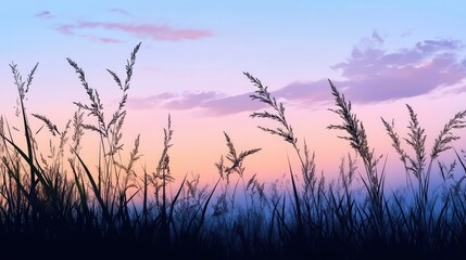 Obraz premium Mesmerizing dusk sky with soft pastel gradients, sharp black silhouettes of wild grass swaying in the evening breeze.