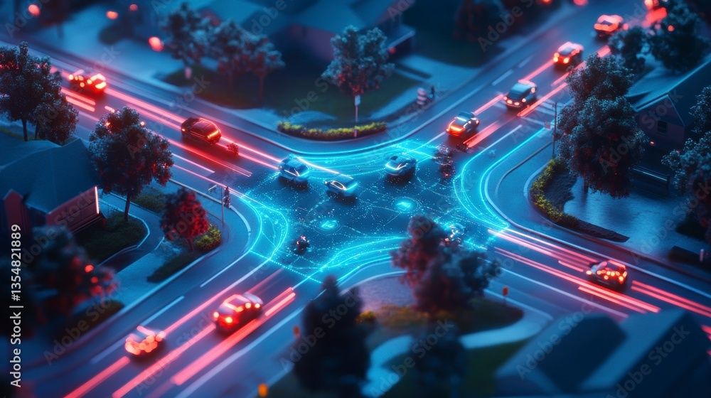 Poster aerial view of a smart city intersection at night, showcasing autonomous vehicles navigating a digit