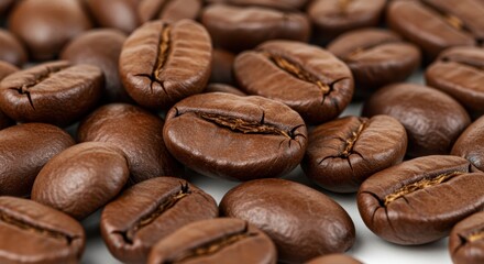 An arrangement of freshly roasted coffee beans showcases their rich brown color and unique textures. Perfect for illustrating themes of coffee culture, brewing, and culinary delights.