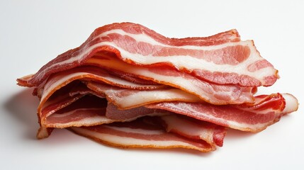 Obraz premium Neatly stacked raw bacon slices, showing texture and marbling, fresh and uncooked, placed against a plain white background. No people.