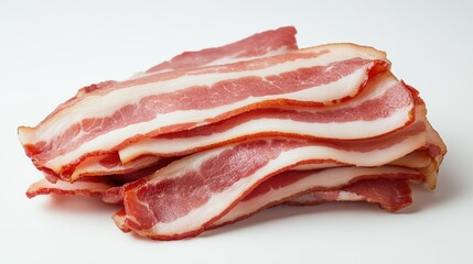 Neatly stacked raw bacon slices, showing texture and marbling, fresh and uncooked, placed against a plain white background. No people.