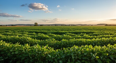 A beautiful agricultural landscape showcasing lush soybean fields beneath a bright blue sky with fluffy clouds. Sunlight creates a warm glow over the tranquil crops, harmonizing nature and farming.