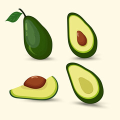 A collection of Avocadoes green fruits concepts, healthy avocado fruit half pieces, peels, green leaf on isolated background. A groups of avocado vector, illustration
