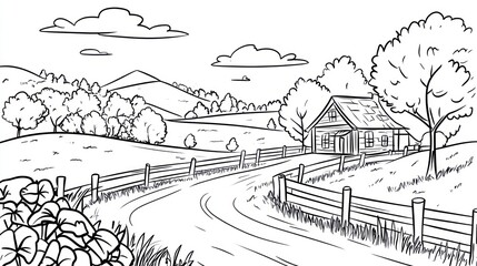 Obraz premium Countryside landscape, rural road, cottage, hills, coloring book style