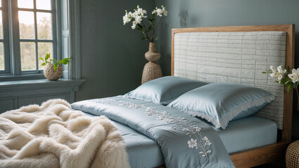 Cozy bedroom in delicate pastel colors: a bed with a soft headboard, blue bedding with a floral pattern, a fluffy cream blanket and soft light from the window. 