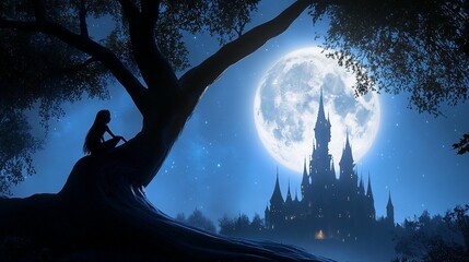 Silhouetted girl sits beneath a tree, gazing at a majestic castle under a full moon.