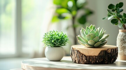 Obraz premium A modern still life showcasing eco-chic decor elements like reclaimed wood accents, green succulents, and sustainable decorative items on a light, airy surface.