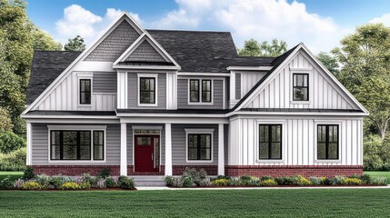A detailed rendering showcasing a modern and beautiful residential house facade