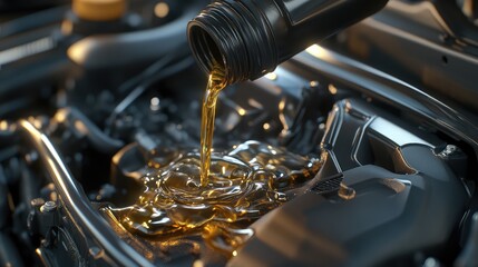Professional car maintenance with lubricant oil pouring from a black bottle into the engine, metallic parts reflecting light.