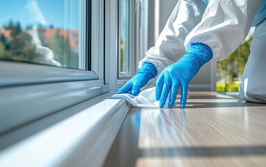 Medium Close-Up of a professional carefully placing a dust wipe sample into a sterile container after collecting it from a wooden surface, emphasizing sample preservation, meticulous handling,