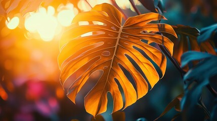 A monstera leaf bathed in the golden glow of a setting sun, its vibrant colors deepened by the warm, fading light.