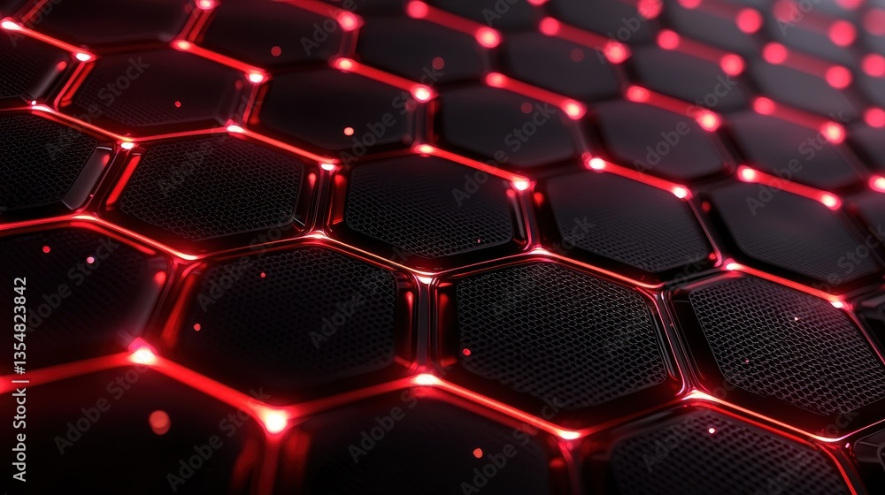 Poster close-up of a futuristic hexagonal pattern illuminated by red lights, showcasing modern digital desi
