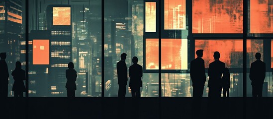 Silhouetted business professionals converse by a large window overlooking a cityscape