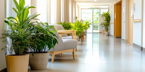 Bright and Inviting Corridor with Lush Green Plants and Seating