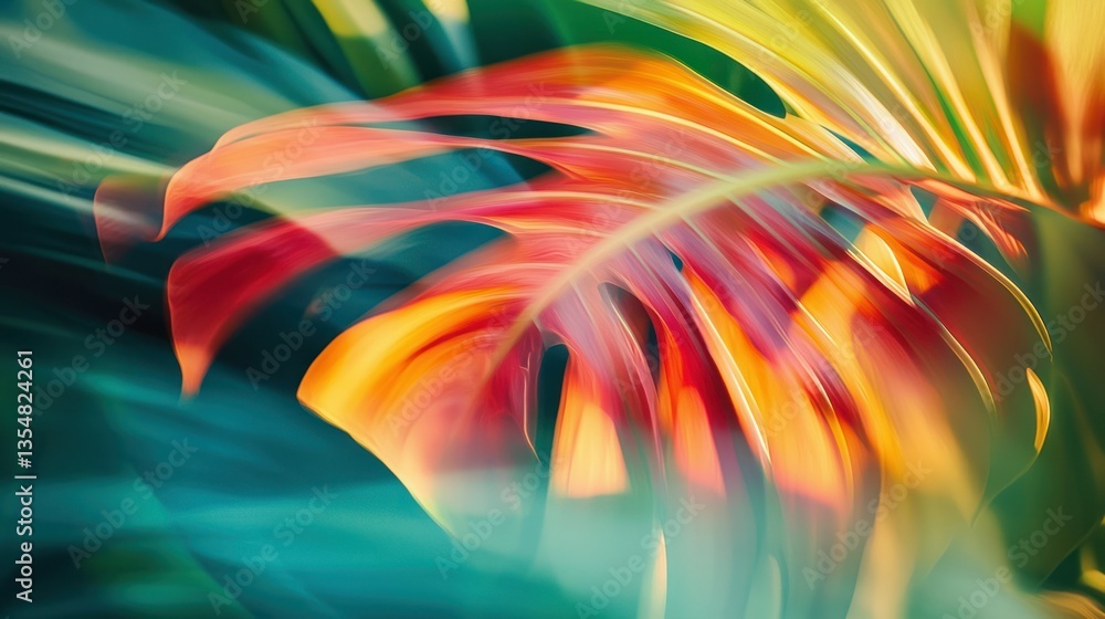 Poster a motion-blurred capture of a colorful monstera leaf swaying in the breeze, creating a sense of ener
