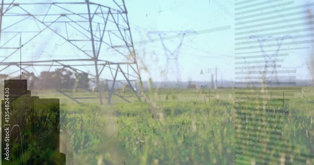 Poster power lines stretching over green field with data processing animation overlay