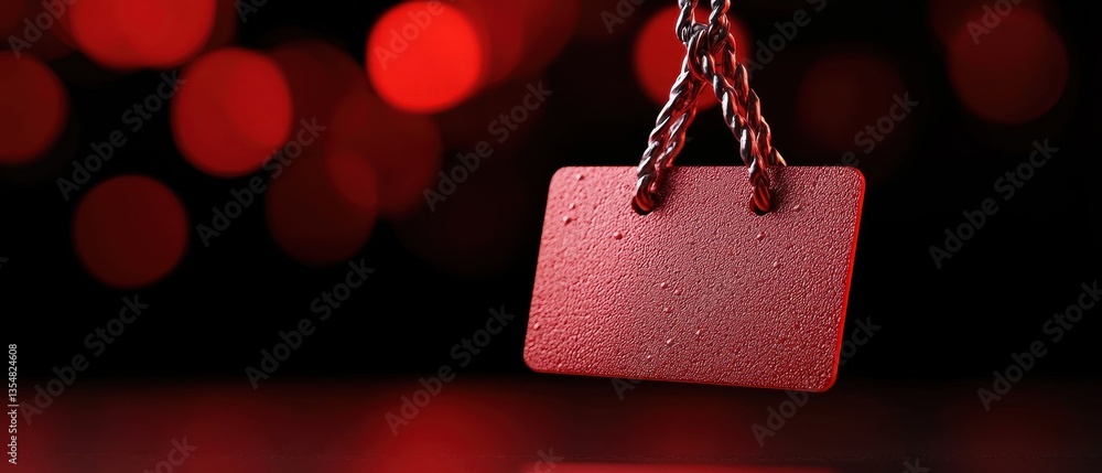 Poster close-up of a red tag suspended by a chain with a soft bokeh background, perfect for branding and ma
