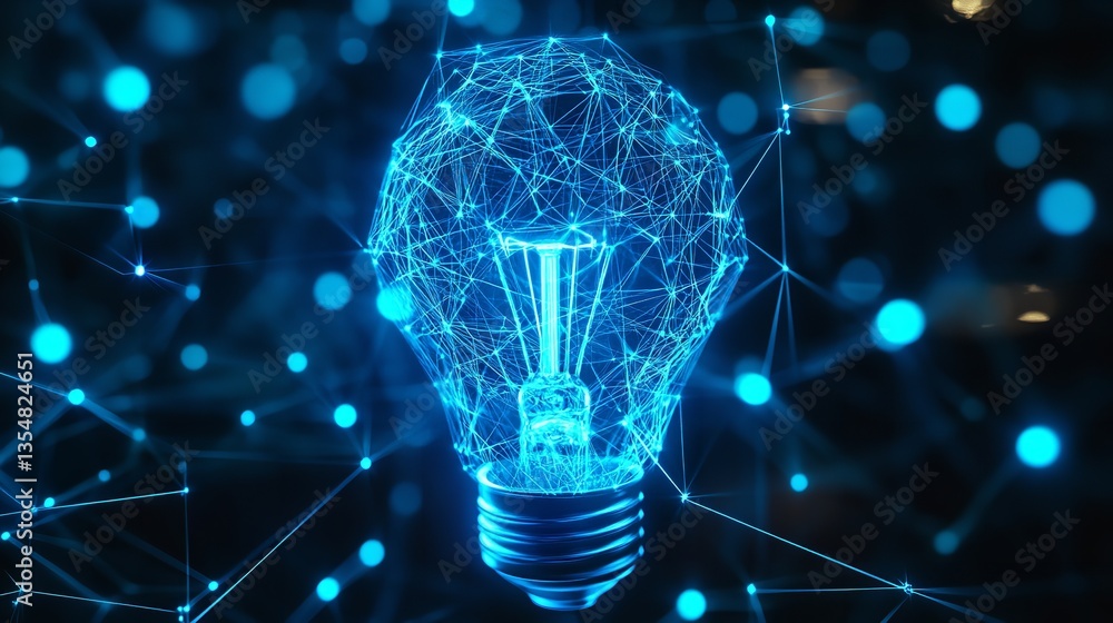 Aufkleber a glowing blue light bulb surrounded by a network of interconnected nodes and lines in dark space