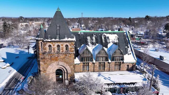Newton Centre Methodist Episcopal Church aerial view in winter at 10 Langley Road at Newton Centre in city of Newton, Massachusetts MA, USA. 
