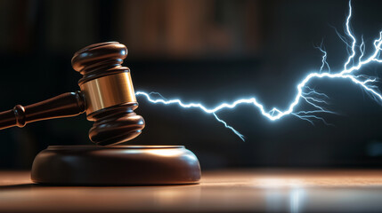 Lightning Judgment â A gavel crashes down, sparking electric energy. Blue lightning arcs from the impact, illuminating the judgeâs serious face in the shadows.