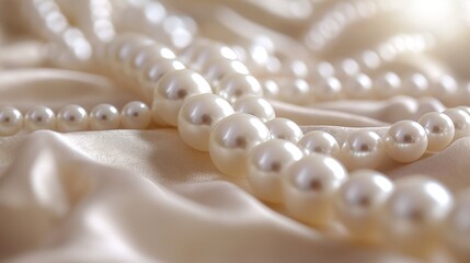 Luxurious strands of white pearls elegantly arranged on soft satin fabric.