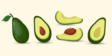 Set of Avocadoes green fruits concepts, healthy avocado fruit half pieces, peels, green leaf on isolated background. A groups of avocado vector, illustration