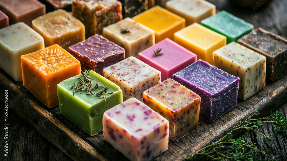 Poster a neatly arranged display of colorful, handmade soaps on a rustic tray, with close-up detail capturi