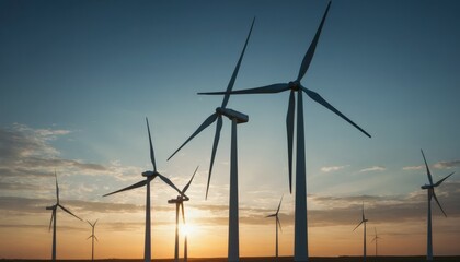 Fototapeta premium Wind Turbines Silhouetted Against Evening Sky Renewable Energy Concept