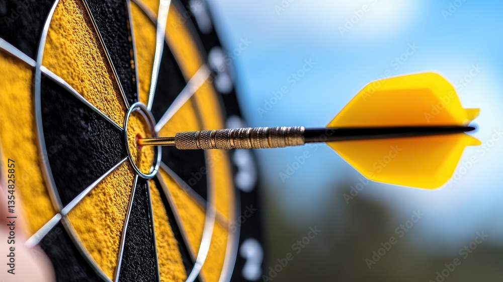 Poster close-up shot of a dart hitting the bullseye on a dartboard, symbolizing precision and focus in leis