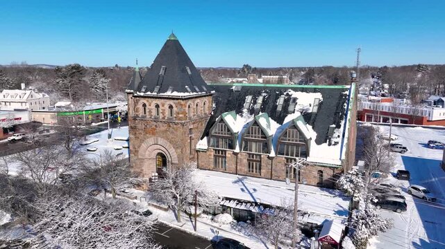 Newton Centre Methodist Episcopal Church aerial view in winter at 10 Langley Road at Newton Centre in city of Newton, Massachusetts MA, USA. 