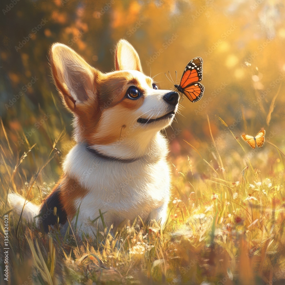 Poster corgi enjoys a sunny day in the grass with a butterfly gently resting on its nose generative ai
